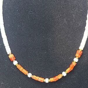 VINTAGE WHITE BONE HEISHI BEADS With Sponge Coral Beads NECKLACE 15"